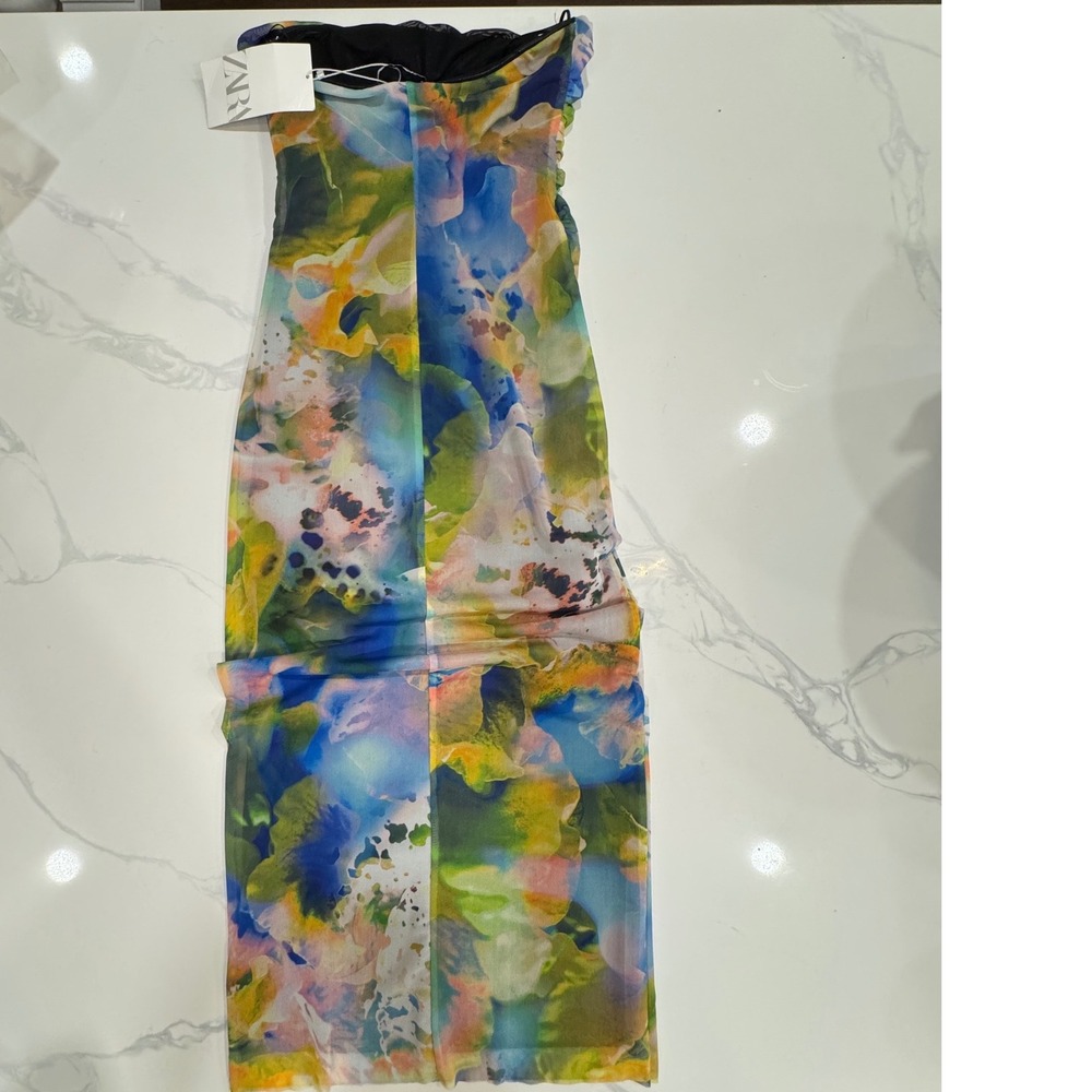 Zara NWT RUCHED PRINTED TULLE DRESS Size S Strapless Mesh Watercolor Ruched Midi - Picture 6 of 6